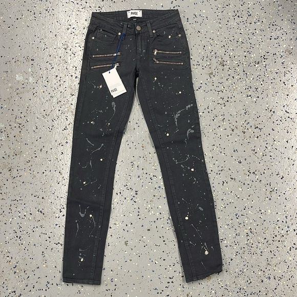 NWT PAIGE Edgemont Grey Zip Paint Splatter Mid Rise Ultra Skinny Jeans Size 24 - Picture 1 of 7